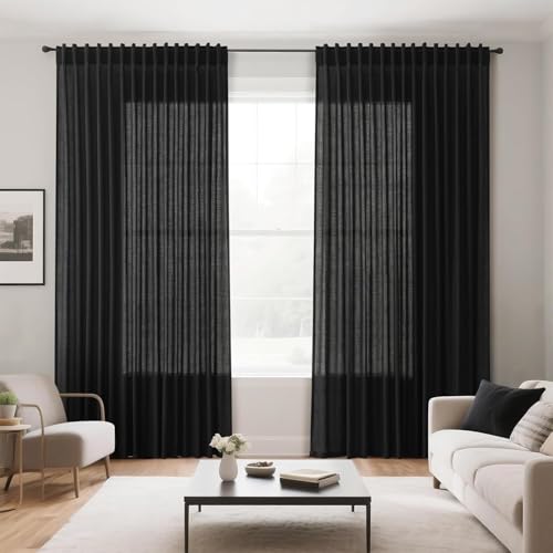 Black Linen Curtains 90 Inches Long for Living Room Back Tab and Rod Pocket Semi Sheer Privacy Curtains Simple Modern Cotton Textured Curtain for Bedroom 70x90 (70"W x 90"L (Pack of 2) / Black)