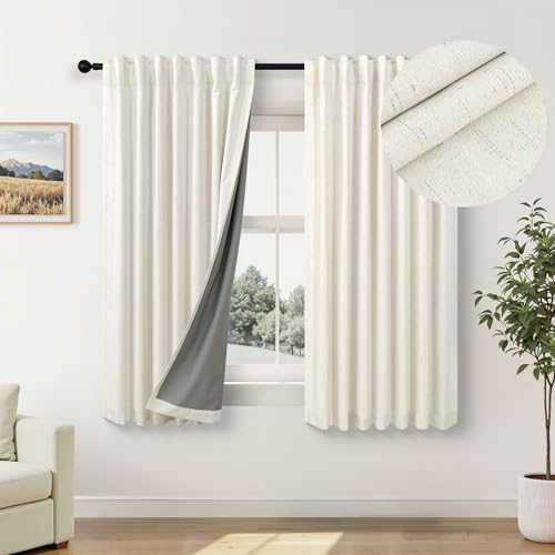 Short Blackout Curtains for Bedroom 45 Inch Length 2 Panels Faux Linen Cream Colored Cute Cottage Core Cafe Kitchen Bathroom Curtains for 42 Inch Small Window Heat Blocking Thermal Insulated Back Tab (Natural / 52"W x 45"L (Pack of 2))