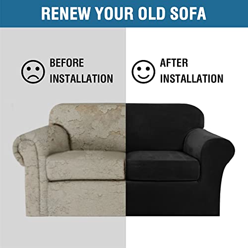 Real Velvet Plush 3 Piece Stretch Sofa Covers Couch Covers for 2 Cushion Couch Sofa Slipcovers Width Up to 90 Inch Feature Thick Soft Stay in Place (2 Cushion Sofa / Jet Black)