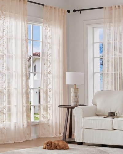 Floral Sheer Curtains (S | Beige / 50"W x 96"L (Pack of 2))