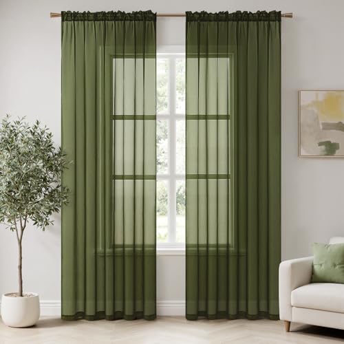 Olive Green Sheer Curtains 54 X 63 Inches (Olive Green / 54"W x 63"L (Pack of 2))