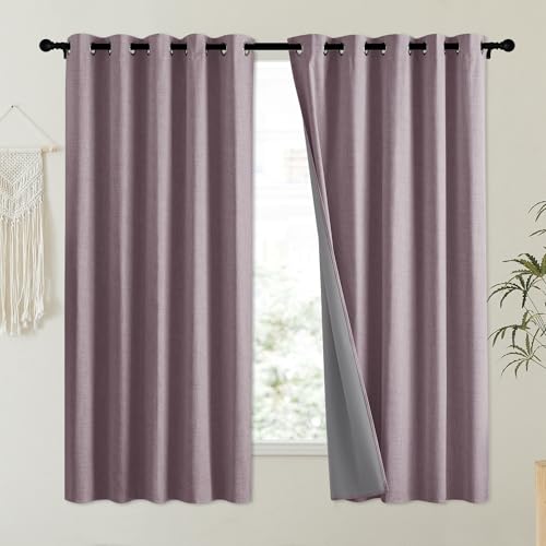 Chaise Mauve Vintage Linen 100% Blackout Curtains for Kitchen (62"W x 63"L (Pack of 2) / Chaise Mauve)