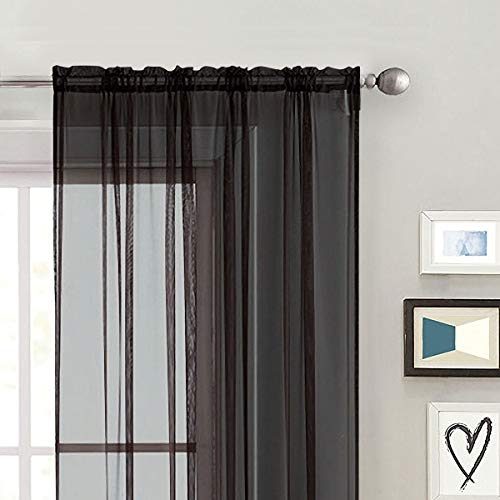 Sheer Voile Window Treatment Rod Pocket Curtain Panels for Kitchen Bedroom Living Room Drapes Sunlight Filtering Privacy Semi Home Decor Assorted (Black / 52"W x 72"L (Pack of 2))
