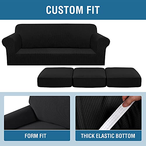 4 Piece Stretch Sofa Covers for 3 Cushion Couch Covers for Living Room Furniture Slipcovers (Large / Black)