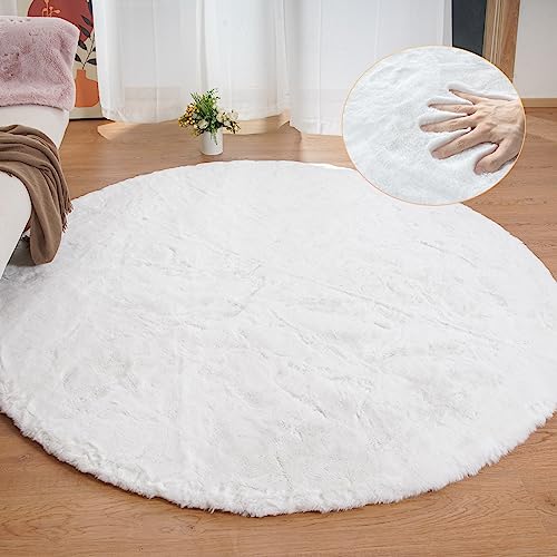 White Round Shag Rugs 6ft Faux Rabbit Washable Fur Area Rugs for Living Room Circle Fluffy Rugs for Bedroom Boho Rug Home Room Décor (6' (Round) / White)