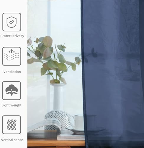 Sheer Voile Window Treatment Rod Pocket Curtain Panels for Kitchen Bedroom Living Room Drapes Sunlight Filtering Privacy Semi Home Decor Assorted Colors Sizes (Navy / 52"W x 90"L (Pack of 2))
