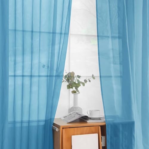Solid Sheer Rod Pocket Curtain Voile Draperies 2 Panels White Beige Black Grey Ivory 52 Inch Width 72 Inch Long 1 Pair for Kitchen Bedroom Children Living Room Yard (Blue / 52"W x 72"L (Pack of 2))