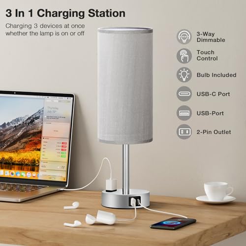 Grey Bedside Lamp for Bedroom (Grey - Silver / 14")