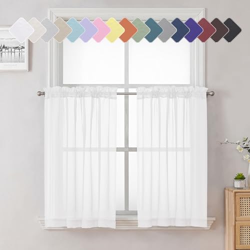 36 Inch White Sheer Curtains Tiers 2 PCS with Dual Rod Pockets (White / 40"W x 36"L (Pack of 2))