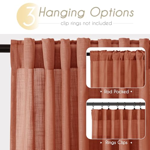 84 inch Linen Terracotta Curtains 2 Panels for Living Room Back Tab Light Filtering Semi Sheer Rust Colored Curtains 84 inches Long Soft Thick Cotton Cloth Textured Rustic Boho Farmhouse Room Decor (Terracotta / 52"W x 84"L (Pack of 2))