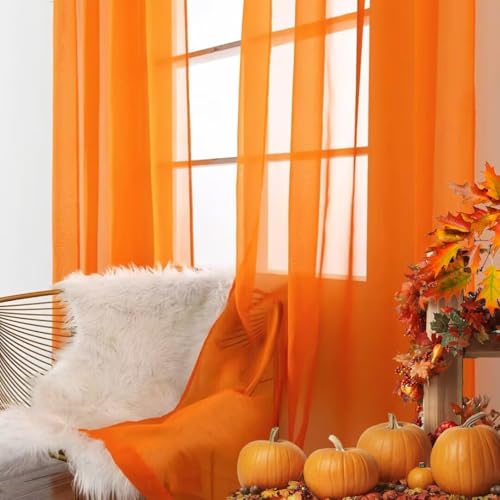 Basic Rod Pocket Sheer Voile Window Curtain Panels Orange 2 Panels 52 Width 84 Inch Long for Kitchen Bedroom Children Living Room Yard (Orange / 52"W x 84"L (Pack of 2))