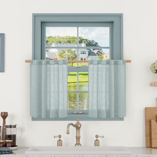 Short Kitchen Linen Curtains 24 Inch Length for Small Windows (Greyish Blue / 25"W x 24"L (Pack of 2))