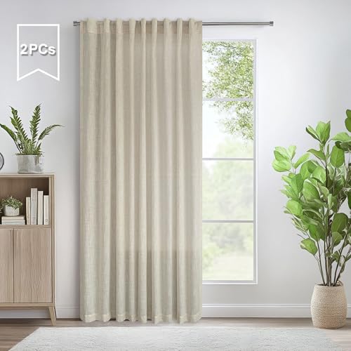 60 Inch Wide Curtains for Living Room 2 Panel Back Tab Pocket Drape Semi Sheer Burlap Linen Extra Large Boho Farmhouse Curtain for Bedroom Neutral Earth 5 FT Width by 9 FT Long 60x108 Tan Beige (60"W x 108"L (Pack of 2) / Linen)