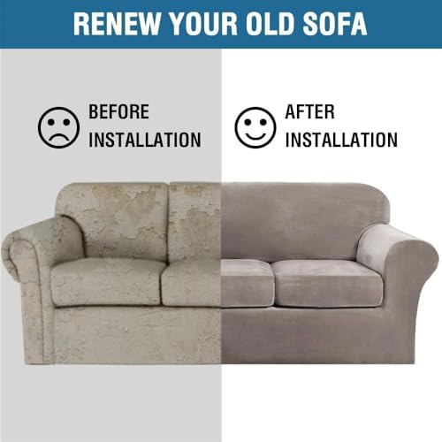 High Stretch Sofa Slipcover 4 Piece Cover Velvet Furniture Protector Form Fit Thick Velvet Extra Large Sofa Cover for 3 Cushion Couch Width Up to 97 Inch (3 Cushion Large Sofa / Taupe)