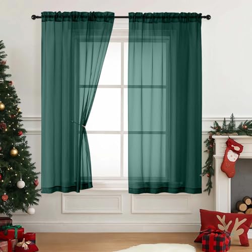 Green Sheer Curtains 63 Inch Length 2 Panels (42"W x 63"L (Pack of 2) / Hunter Green)
