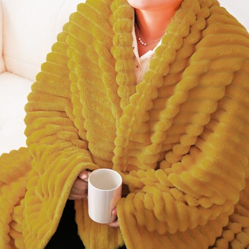 Mustard Yellow Fleece Throw Blanket 50”×60” for Couch Sofa Livingroom (Mustard Yellow / 50×60inch)