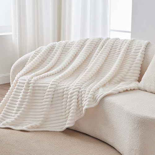 Ribbed Fleece Throw Blanket for Couch (Cream / Throw XL(50"x70"))