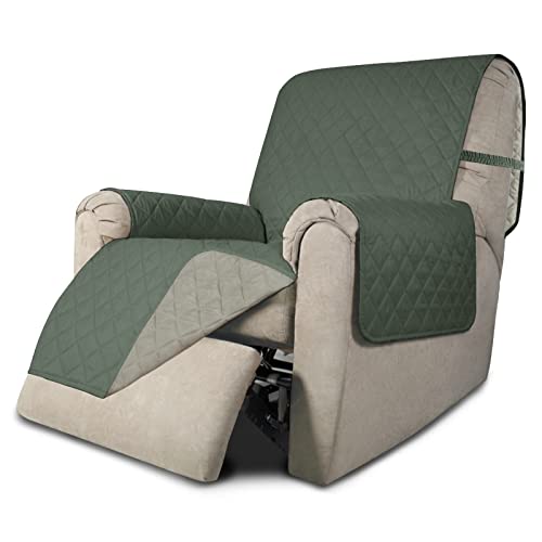 Recliner Chair Slipcover Reversible Sofa Cover Water Resistant Couch Cover Furniture Protector with Elastic Straps for Pets Dog (Greyish Green/Beige / Medium Recliner)