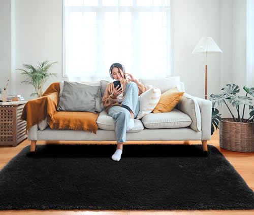 Black Area Rugs for Bedroom Living Room (Black / 4' x 6' (Rectangular))
