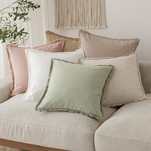 Decorative Linen Fringe Throw Pillow Covers 18×18 Light Green (18" x 18" (Pack of 2) / Seeding Green)