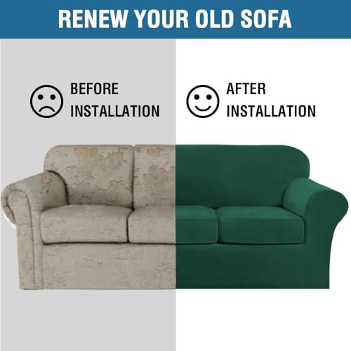 High Stretch Sofa Slipcover 4 Piece Cover Velvet Furniture Protector Form Fit Thick Velvet Extra Large Sofa Cover for 3 Cushion Couch Width Up to 97 Inch (3 Cushion Large Sofa / Green)