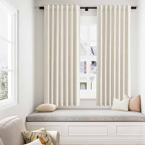 100% Blackout Linen Curtains 63 Inch Length 2 Panels Set for Living Room Bedroom Back Tab Thermal Insulated Black Out Drapes Room Darkening Farmhouse Style for Bedroom Window Curtains 52x63 (Linen / 52"W x 63"L (Pack of 2))
