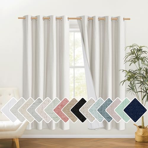 100% Absolutely Blackout Linen Curtains with Thermal Insulated White Liner (52"W x 72"L (Pack of 2) / Ivory)