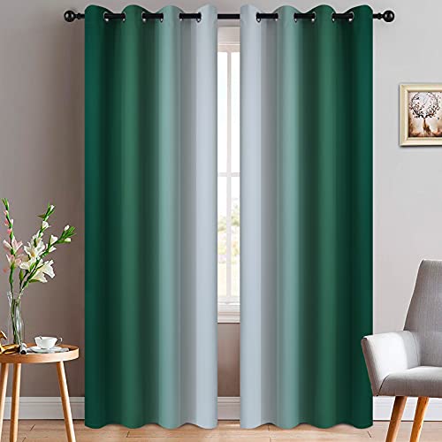 Ombre Curtains Dark Green and Greyish White for Living Room (52"W x 84"L (Pack of 2) / Dark Green)