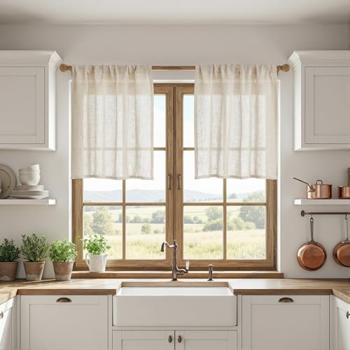 Linen Curtains 30 Inch Length for Kitchen Window (34"W x 30"L (Pack of 2) / Linen)