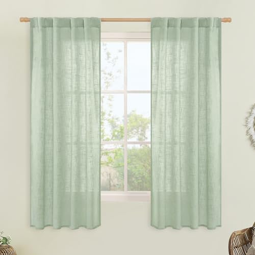 Semi Sheer Window Linen Curtains 63 Inch Length for Bedroom (Fresh Green / 34"W x 63"L (Pack of 2))