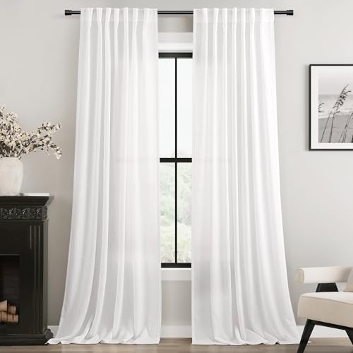 White Curtains 105 inches Long 2 Panels Back Tab Light Filtering Cotton Textured Curtain Modern Farmhouse Coastal Decor Off White Linen Drapes 105 inch Length for Patio Sliding Door Office Bedroom (White / 52"W x 105"L (Pack of 2))