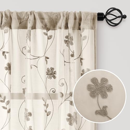 Taupe Sheer Curtains 84 Inches Long 2 Panels Beige Embroidered Floral Pattern Semi Sheer Window Curtains for Bedroom Living Room (52"W x 84"L (Pack of 2) / Taupe/Beige)