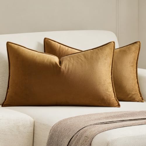 Decorative Golden Brown Velvet Lumbar Throw Pillow Covers 12x20 Inch (20" x 12" (Pack of 2) / Golden Brown)