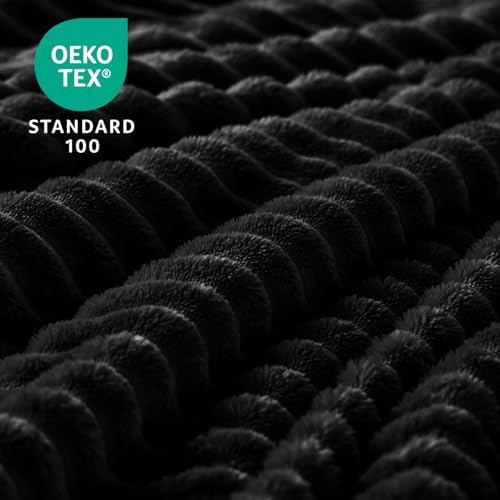 Ribbed Jacquard Black Fleece Throw Blanket for Couch (Black / Throw(50"x60"))