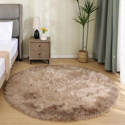 Large Round Rugs 6ft Light Brown Beige Circle Faux Sheepskin Rug Fluffy Fur Plush Shag Rug for Living Room Bedroom Carpet Plush Rugs Home Decor (6' (Round) / Beige)