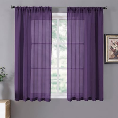 Sheer Curtains Linen Textured Bedroom Curtain Sheers Light Filtering Rod Pocket Voile Curtains for Living Room (54"W x 63"L (Pack of 2) / Royal Purple)