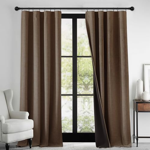 Brown 100% Blackout Linen Curtains 108 Inch Long for Bedroom (Brown / 52"W x 108"L (Pack of 2))