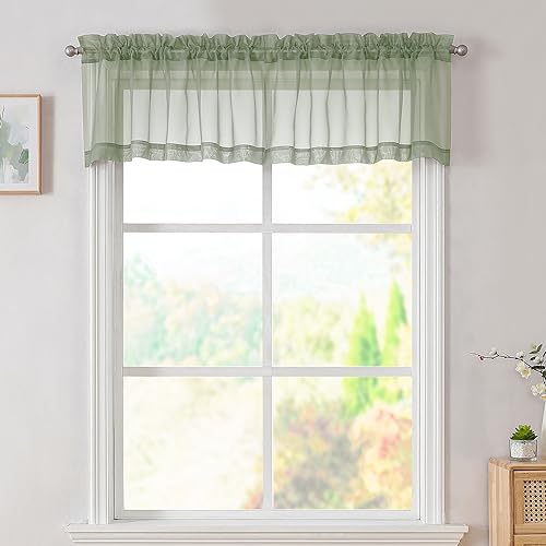 Sage Green Valances 14 Inches Long for Living Room Pocket 2 Panel Light Filtering Sheer Translucent Valence Toppers for Window Kitchen Bathroom Bedroom 42x14 Inch Length (Sage Green / 42"W x 14"L (Pack of 2))