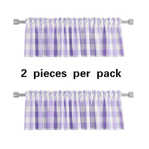 2 Pieces Valences Buffalo Check Kitchen Tier Curtains Classic Plaid Gingham Farmhouse Window Curtain Valance Living Room Bedroom Rod Pocket Lilac & White 56"x 16" (56"W x 16"L (Pack of 2) / Lilac+white)