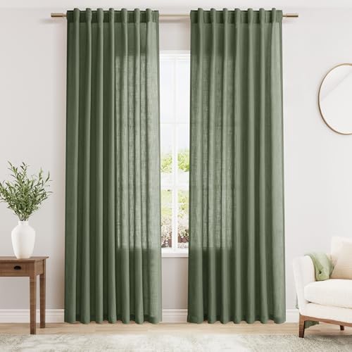 Olive Green Linen Blend Semi Sheer Light Filtering Curtains 86 Inches Long 2 Panel Set Pocket Back Tab Privacy Home Decor Curtain Drapes for Bedroom Living Room 52x86 (52"W x 86"L (Pack of 2) / Loden)