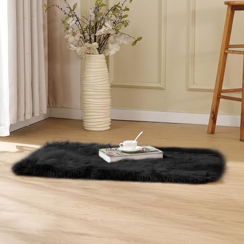 Black Faux Sheepskin Washable Fluffy Fur Area Rugs for Bedroom Small Fuzzy Carpet for Living Room 2x3 Boho Nursery Rug (2' x 3' (Rectangular) / Black)