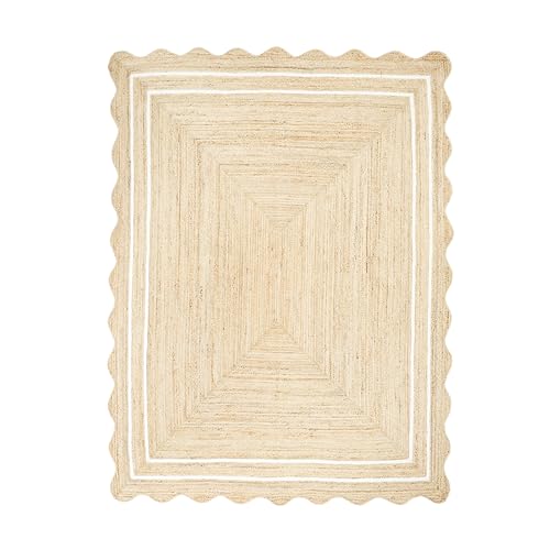 Wave Scalloped Jute Rug Entryway Natural Boho Area Rug Off (8'x8' / White)