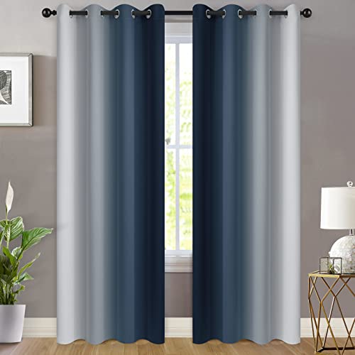 Ombre Curtains Navy Blue and Greyish White for Living Room (52"W x 84"L (Pack of 2) / Navy Blue)