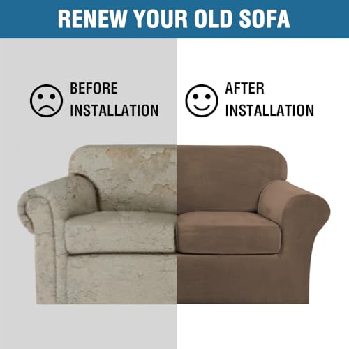 Real Velvet Plush 3 Piece Stretch Sofa Covers Couch Covers for 2 Cushion Couch Sofa Slipcovers Width Up to 90 Inch Feature Thick Soft Stay in Place (2 Cushion Sofa / Mocha)