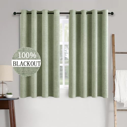 100% Blackout Linen Curtains for Bedroom 52x45 Inches Sage Green (Sage Green / 52"W x 45"L (Pack of 2))