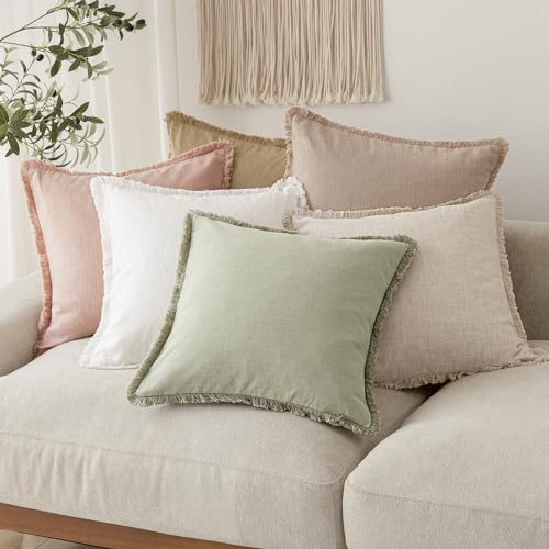 Decorative Linen Fringe Throw Pillow Covers 24×24 Light Green (24" x 24" (Pack of 2) / Seeding Green)