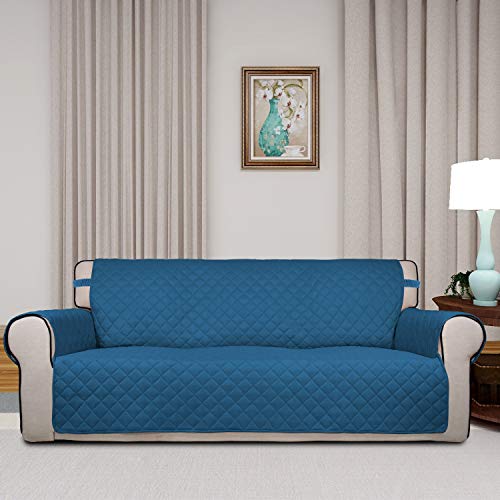 Reversible Quilted Sofa Cover Dog Couch Covers for Sofa (Large / Peacock Blue/Beige)