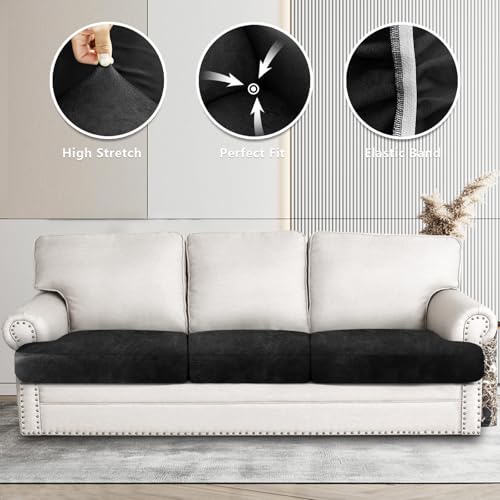 Leather Look Couch Cushion Covers Sofa Seat Slipcovers Sets Couches Furniture Protector for Sectional Armchair Loveseat Pets Kids Stretch Spandex Fabric (3 T-Cushion Sofa / Black)