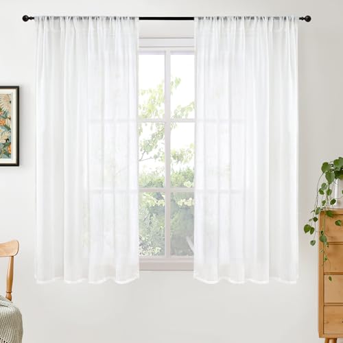 White Linen Curtains 48 Inch Length for Short Window (White / 42"W x 48"L (Pack of 2))