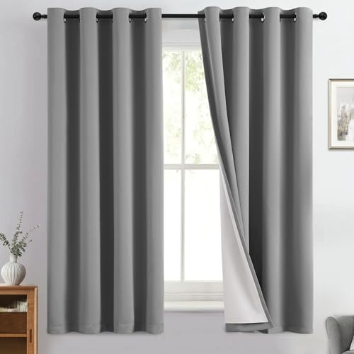 Dove Grey 100% Blackout Curtains 63 Inches Long 50" Wide 2 Panel (50"W x 63"L (Pack of 2) / Dove Grey With White Backing)